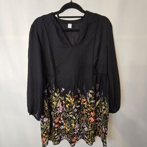 OLD NAVY Women's Size L shear black floral L/Sl babydoll midi dress